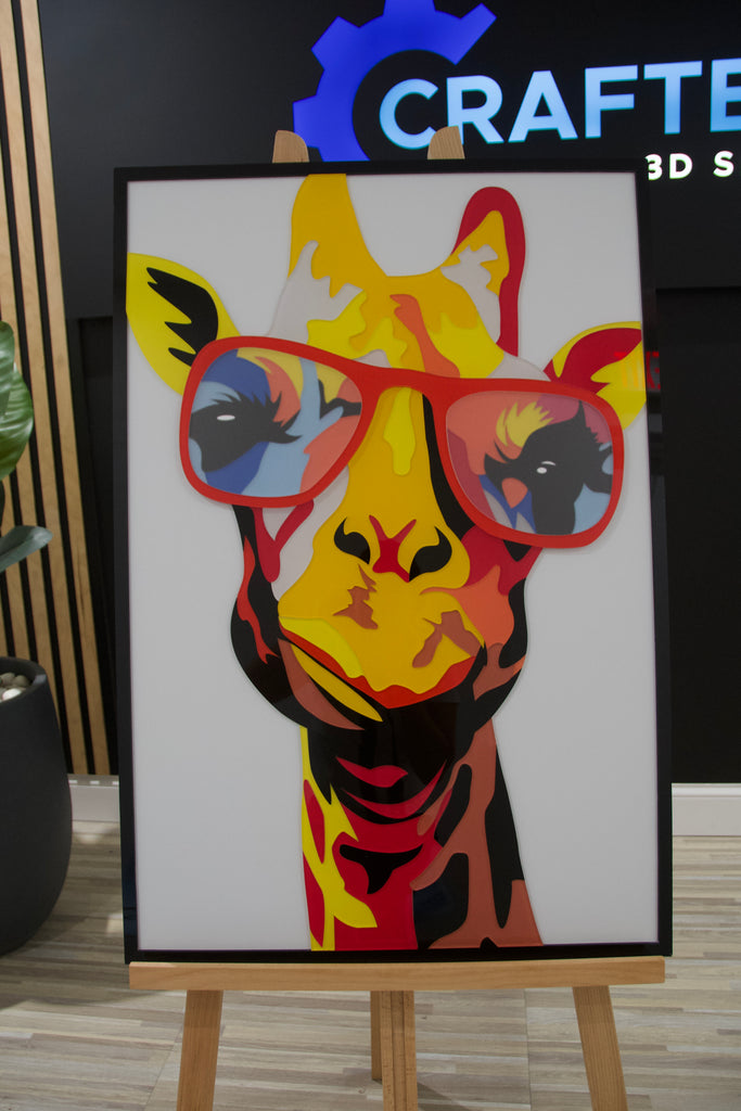Colorful acrylic wall art featuring a giraffe with red glasses, perfect for modern home decor.