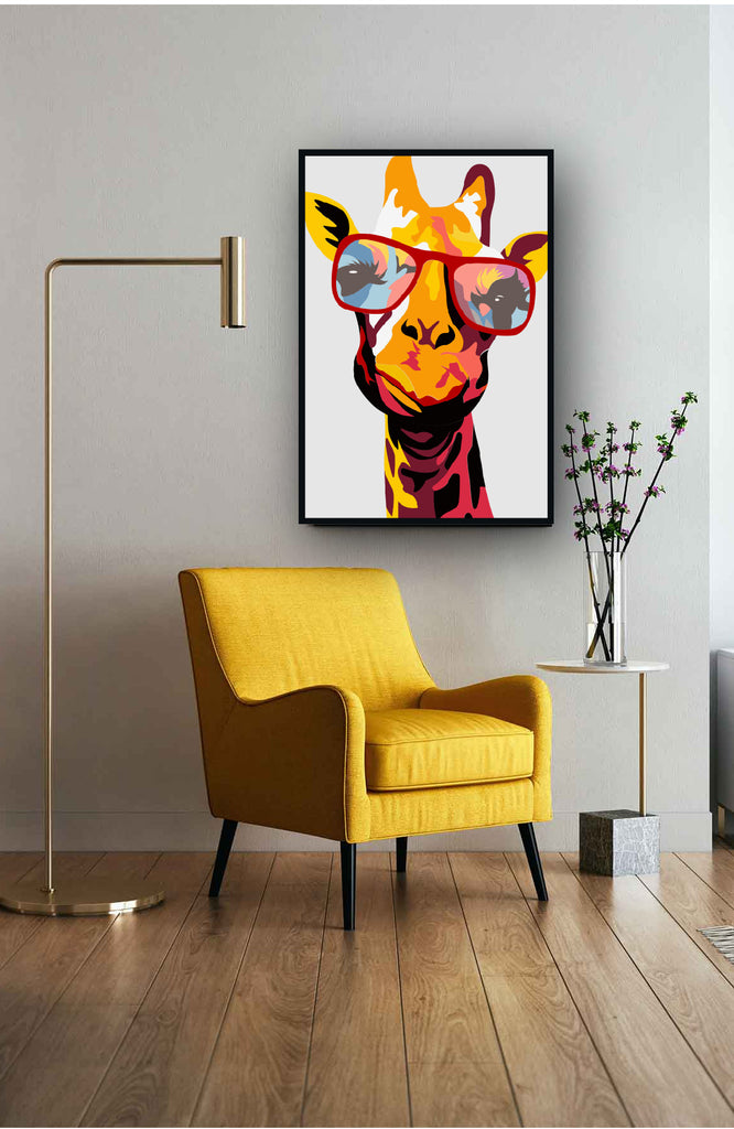 Colorful acrylic wall art featuring a giraffe with red glasses, perfect for modern home decor.