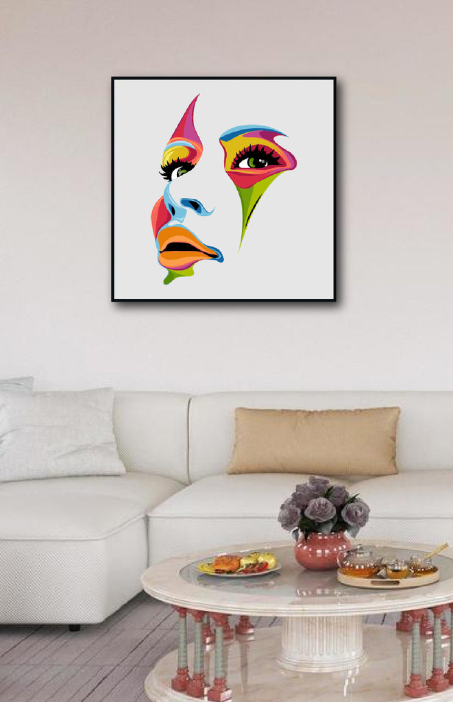 Abstract acrylic wall art of a woman's face in vibrant colors, designed to add elegance and bold style to modern interiors.
